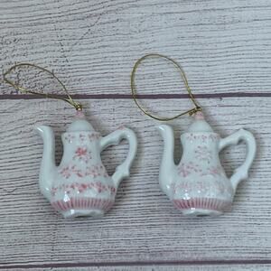 White and Pink Floral Porcelain Teapot Ornament Set of 2